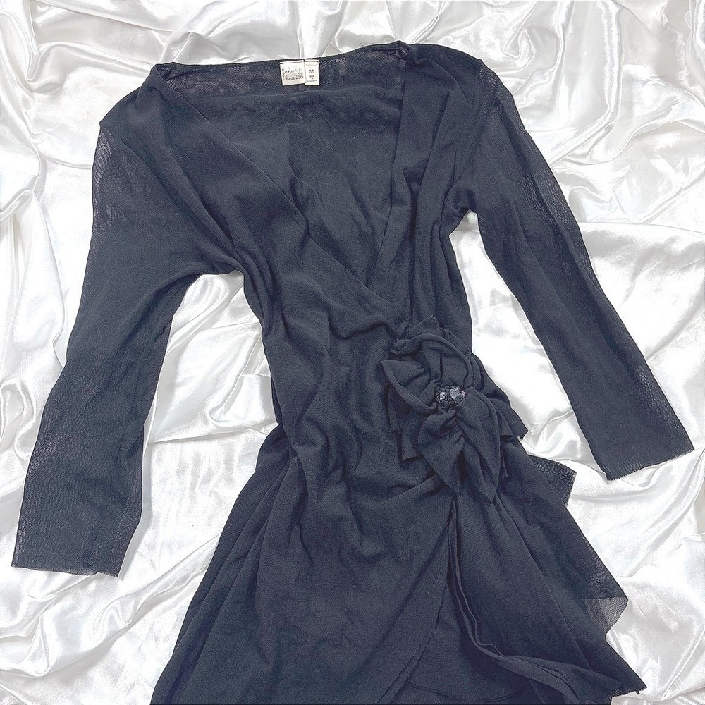 y2k Johnny Heaven Dress Black Mesh Rosette Sequin Long Sleeve Mini